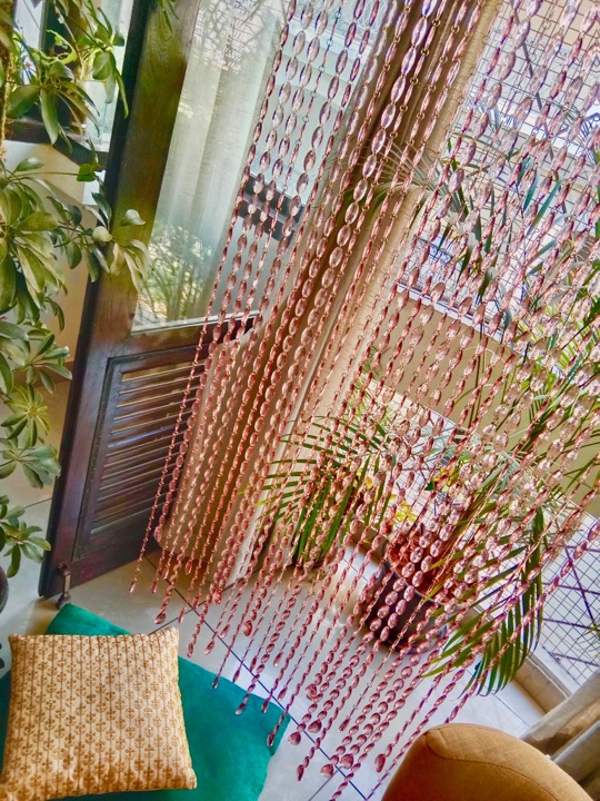 Interior Design Pink Gold Crystal Beaded Curtain Decorative Bead Installation Complementing Modern Architecture